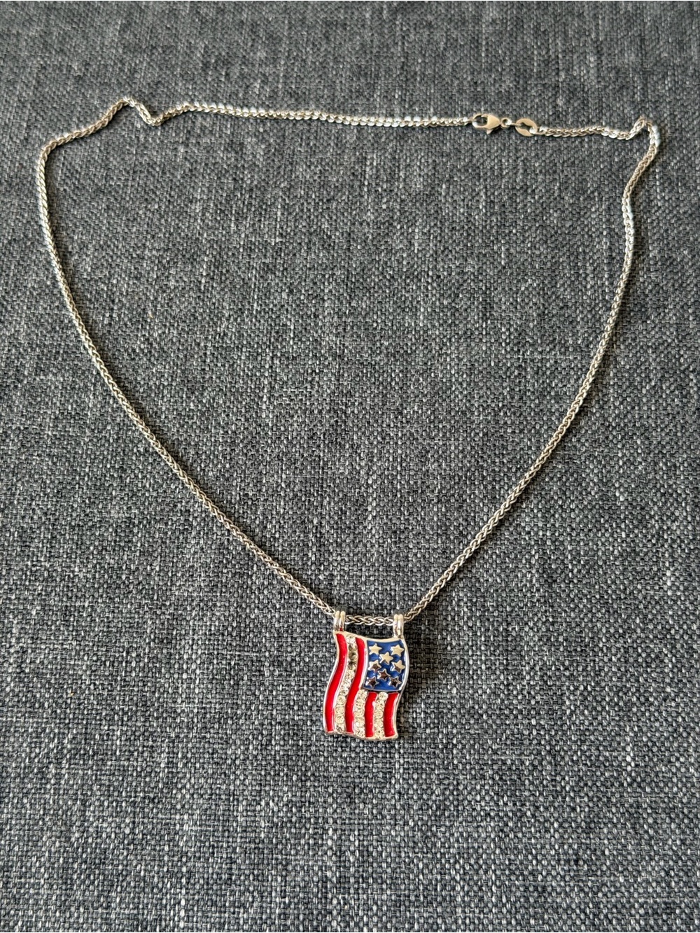 Avery Sterling stamped chain necklace with American flag pendant- missing 2 ston